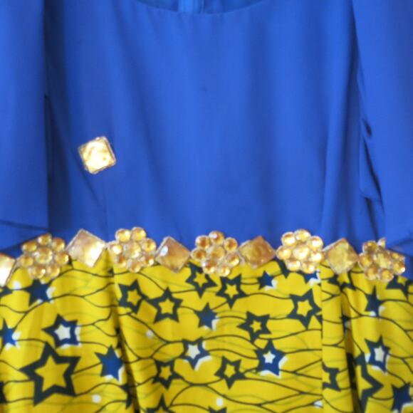 AFRICAN Handmade Ankara Dress Mid Length Short Sleeve Yellow Blue Gems Headwrap - Picture 3 of 11